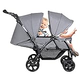 Maxmass Double Seat Baby Stroller, Folding Infant Pushchair with Adjustable Handlebar & Backrest, Storage Basket and Detachable Canopy, Travel Toddler Buggy for Shopping, Hanging Out (Grey) - Image 9