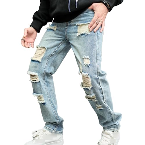 Men's Distressed Destroyed Jeans Slim Fit Straight Leg Denim Jeans Ripped Skinny Comfort Flex Jean