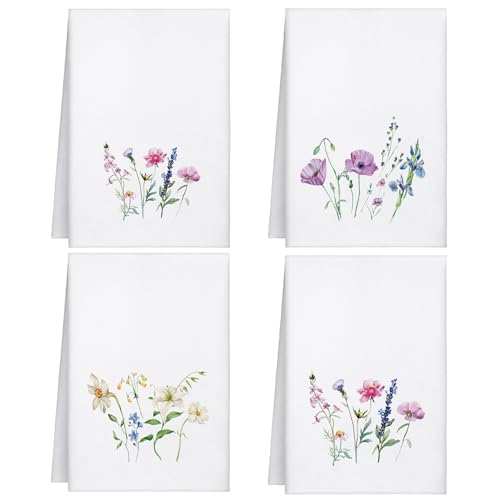 Geyoga 4 Pcs Floral Fingertip Towels Wildflowers Bathroom Kitchen Hand Towels Farmhouse Flower Tea Dish Washcloths for Bathroom Kitchen Home Decor Gifts