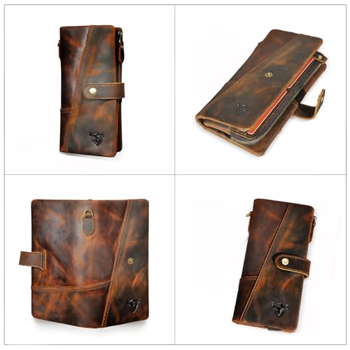 Image of Genuine Crazy Horse Leather Travel Gift Coin Pocket Card Case Long Organizer Chain Rfid Wallet Purse With Snap For Men Male 1803 1815 (1803 Brown-No Chain)