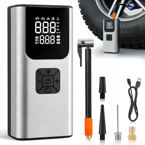 Inflador Ruedas Coche - 150 PSI - Compresor Aire Portatil - Hinchador Ruedas Coche - inflador electrico - manometro presion neumaticos - Luz LED - Con Parada Automatica - Para Coche - Moto - Bicicleta