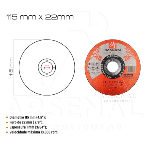 SAMURAI - Kit 50 Discos de Corte Inox Fino 1mm Samurai 115x22mm 4 1/2