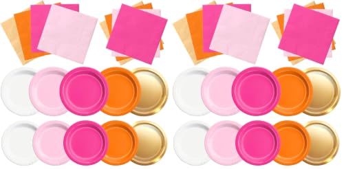 Image of CMUSKO Pink and Orange Party Decorations - 60Pcs Sunset Tropical Plates and Napkins Pink Pumpkin Halloween Tableware for Birthday,Baby Shower, Bachelorette Party (Pack of 2)