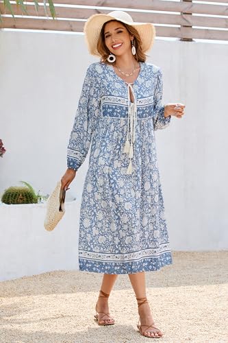 R.Vivimos Women's Long Sleeve Floral Print Retro V Neck Tassel Bohemian Midi Dresses (Large, Light Blue)