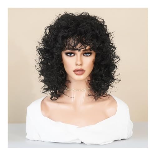 Perruque cheveux courts bouclés noire avec frange et filet rose confortable
