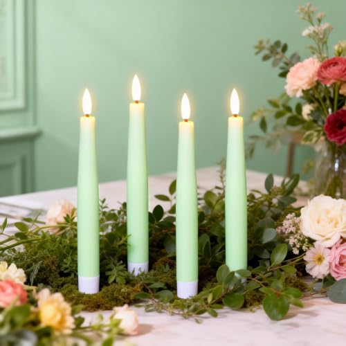 Image of Spring Green LED Taper Candles Battery Operated Remote, 4 Pack | Real Wax 3D Flickering Flame, 0.78 inch x 8.1 inch, Fits Holders, 2 /4 /6 /8H Timer, Spring Green Candlesticks for Party Decor