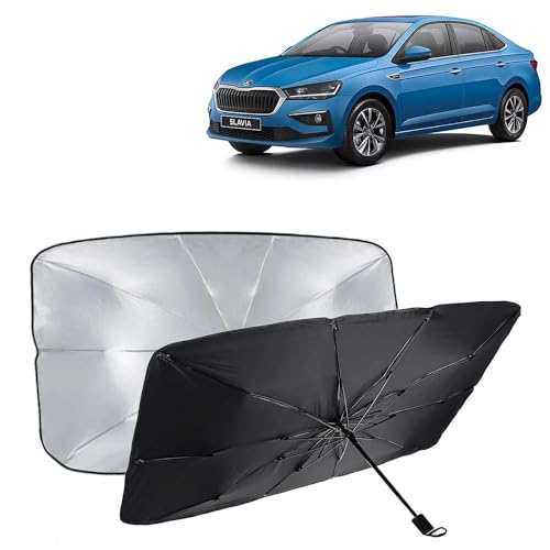 KINGSWAY® Car Sun Shade UV Protection Windshield Cover Compatible with Skoda Slavia, (Year 2022 Onwards), Foldable Size Universal Fit Umbrella Curtain for Front Window, Rear Window, Black, 1 Piece