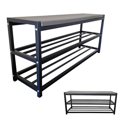 MAKA Scarpiera Salvaspazio Slim, in Metallo Nera, Scarpiera Ingresso, Organizer Scarpe Diverse Misure, Scaffali Portascarpe, Panca con Seduta (90 cm + panca)