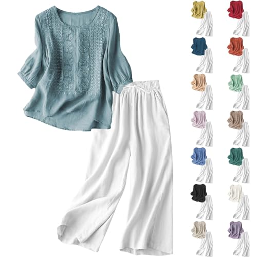 Linen Set Women Linen 2 Piece Set for Women Pants Summer Cotton Outfits 3/4 Sleeve Embroidered Tops Wide Leg Pant Sets Matching Loungewear Vacation Clothing Mint Green XL