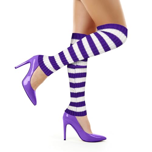 Image of Benefeet Striped Leg Warmers for Women & Girls - Ribbed Knit Soft Colorful Long Warmers for 80s 90s Dance Party