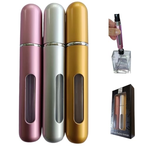 LELE MAKE ®️ 3 PCS. 8 ML. Atomizador Perfumes Recargable | Set de 3 Botes Colonia Recargables para Viaje | Porta Perfume Sin Fugas | Incluye caja PARA REGALO. (oro, plata, rosa)