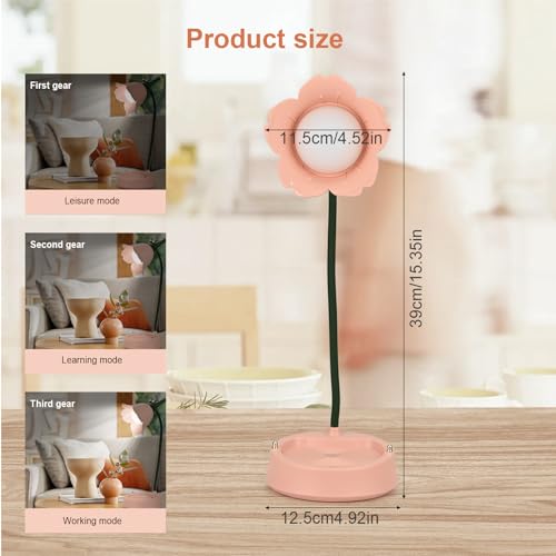 LED Flower Desk Lamp Cordless Table Light - Desk Lamp for Children 3 Color Modes Dimmable Table Light, Touch Control Reading USB, Cordless Lampshade Table Lights for Reading, Learning (Pink) - Image 3