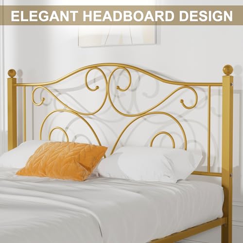 Image of VECELO Full Size Bed Frame with Headboard and Footboard, Heavy Duty Metal Slat Support, Platform Mattress Foundation, No Box Spring Needed, Easy Assembly, Gold