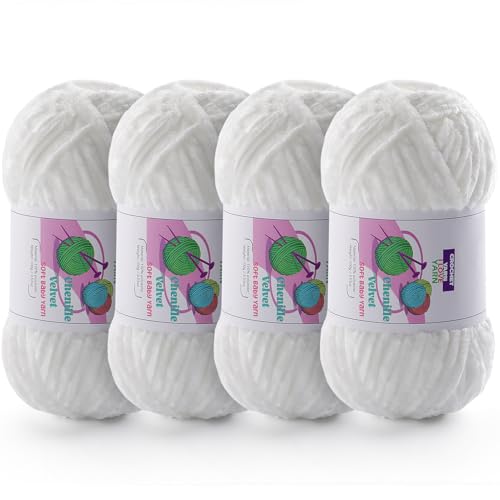 Image of Chenille Velvet Yarn for Crocheting, White Fuzzy Fluffy Yarn for Crochet | 4 Pack 14 Oz, 524.8 Yds Bulky Thick Chunky Yarn for Crocheting, Soft Amigurumi Yarn for knitting Baby Blankets, Scarves, Hats