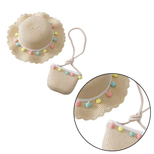 NUOBESTY Girls Straw Hat and Purse Sets Brim Plush Ball Pom Pom Beach Sun Hats Mini Cross-Body Bag Princess Hat Bag3