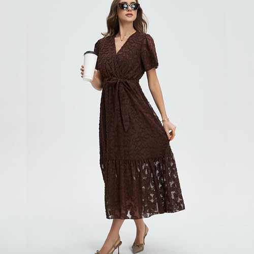 Image of Women's Summer Bohemian Floral Chiffon Dress Cap Sleeve V Neck Ruffle Long Flowy Boho Casual Vacation Dresses