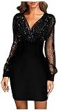 Cocktail Dresses for Women,Retro Elegant Wrap V Neck Long Sleeve Lantern Slim Fit Mesh Sequins Mini