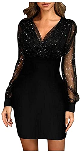 Cocktail Dresses For Women,Retro Elegant Wrap V Neck Long Sleeve Lantern Slim Fit Mesh Sequins Mini Dress,Business Pencil Skirt,Sexy Bodycon Formal Party Dresses(Black,Xx-Large) #TOP8