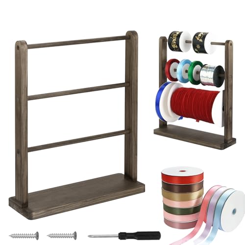 Image of Wooden Ribbon Organizer Rack,Large Capacity Ribbon Holder, Ribbon Spool Stand, Washi Tape Organizer, Wooden Sewing Organizer Display Shelf for Craft Room,Cake Shop,Flower Store (3 TIer - Brown)