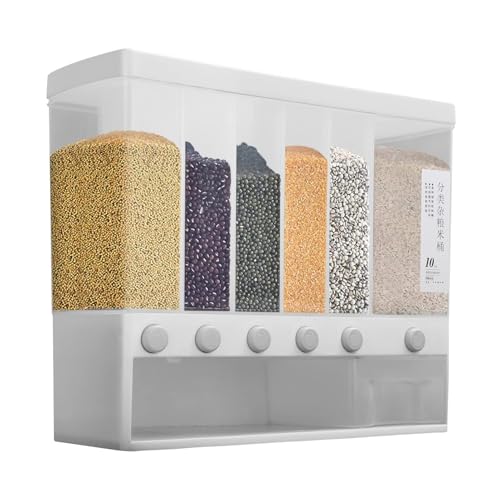 CROWNSHOP Dry Food Dispenser 6 in 1 Plastic Wall Mounted Rice Bucket Grain Dispenser Moisture Proof Sealed Cereal Dispenser for Kitchen with Lid for Rice Grains Beans