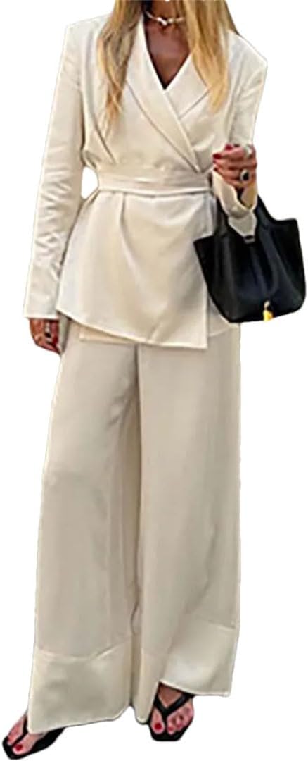 Women Apricot 2 Piece Sets Outfit Long Sleeve Lace-Up Shirts and High Waist Straight Trousers Sets