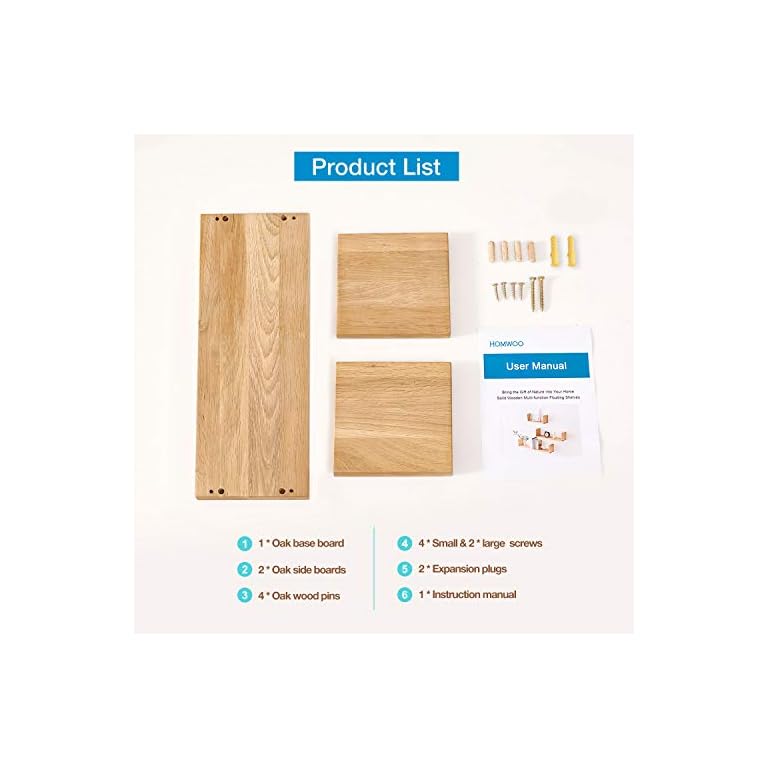 HOMWOO Floating Shelf, FAS Grade Oak Solid Wood Floating Bookshelf U