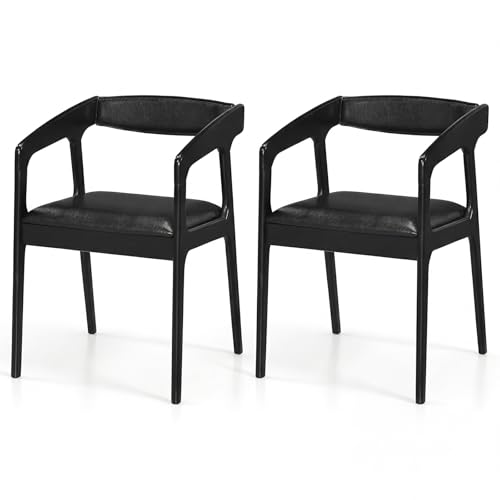 Image of COSTWAY Dining Chairs with Arms Set of 2, Mid Century Modern Wooden Accent Chairs with Faux Leather Seat & Padded Backrest, Kitchen Side Armchairs for Living Dining Reading Room, Black & Black