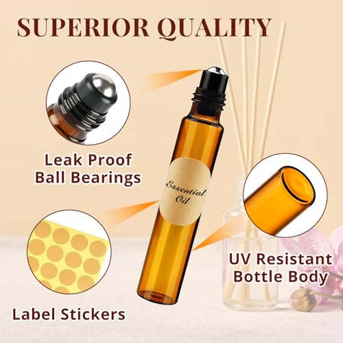 Redamancy 10 Stück Roll on Glasflaschen für Ätherisches Öl, 10ml Roll on Flasche Leer, Braune Rollon Flaschen, Ätherische Öle Roller Glasflaschen, für Öle, Duftstoff, Kosmetika, Massage