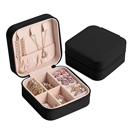 Mini-Schmuckschatulle, tragbarer Schmuck-Organizer, PU-Leder, Reise-Schmuckkoffer, runde Anzeige, Aufbewahrungsbox für Mädchen, Frauen, Halsketten, Ohrringe, Armbänder, schwarze diagonale Streifen Cover