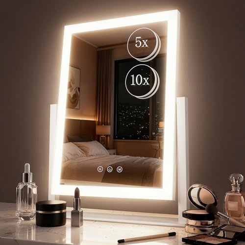 DECADENCE Vanity Mirror with Lights, 17.3’’ LED Makeup Mirror Detachable 10X/5X Magnification, Smart Touch Control, 3 Color Lighting Modes,360°Rotation Tabletop Make Up Mirror for Bedroom Bathroom