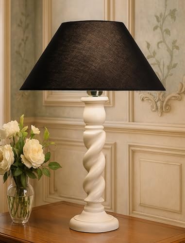Image of Homesake Handcrafted Wooden Table Lamp for Bedroom & Living Room|Decorative Bedside Reading Lamp, E27 Holder|Bulb Included |Twister White Wooden Rustic for Home Decor, Black Cone Shade