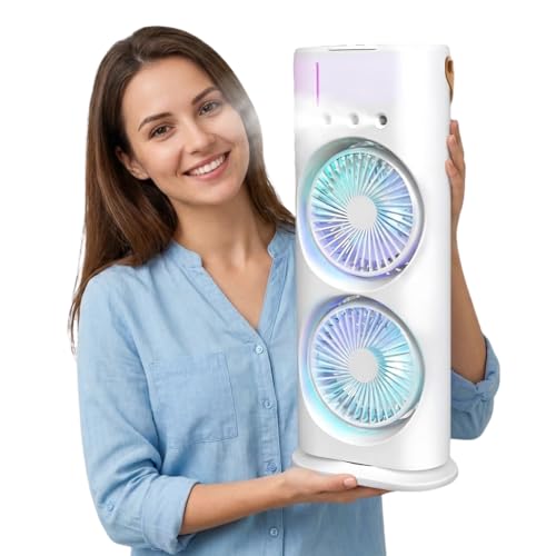 Image of Drumstone (𝐒𝐩𝐞𝐜𝐢𝐚𝐥 𝟏𝟓 𝐘𝐞𝐚𝐫𝐬 𝐖𝐚𝐫𝐫𝐚𝐧𝐭𝐲 Mini Air Cooler Fan with Water Spray, USB Rechargeable 4000mAh Battery, 3 Speed Cold Air Fan, Touch Control, LED Light for Home Office
