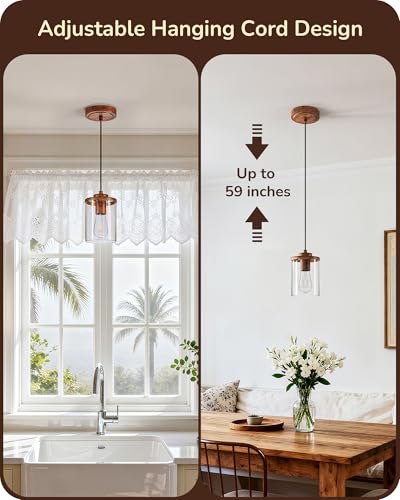 [Prime] 2-Pack EDISHINE Farmhouse Pendant Light w/ Wood Grain Finish & Clear Glass Shade (Walnut) - image 3