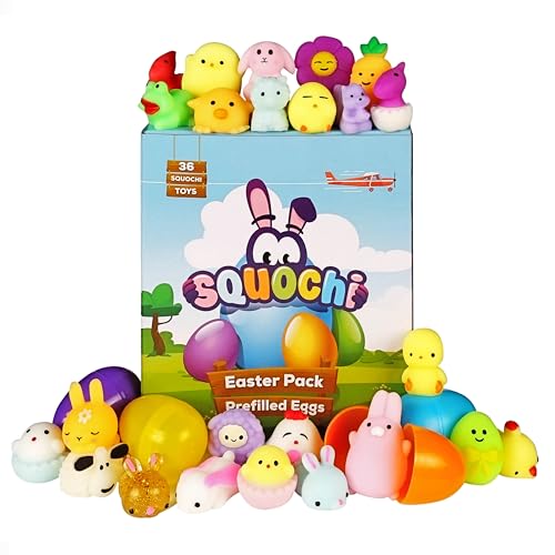 SQUOCHI Easter Mochi Squishy Toys 36pcs | Prefilled Eggs with Mini Squishy Toys | Easter Shapes | Basket Fillers, Party Favors, Fidget, Stress Relief, Classroom Prizes, Goodie Bags, Easter Egg Hunt
