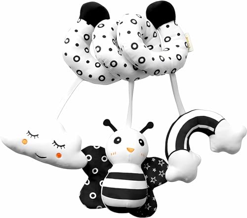 Image of AIyMltd Baby Spiral Hanging Stroller, Black and White Car Seat Toys High Contrast Toy Newborn Sensory Plush Activity Toys for Bed Bassinet Crib Baby Carrier Gifts for 0 3 6 9 12 Months