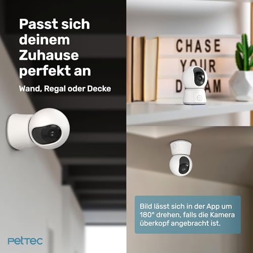 PetTec® Pet Cam Laser - Haustierkamera mit App [OHNE ABO-Falle] - Katzen Kamera Zuhause mit Bewegungserkennung & Nachtsichtfunktion - 4MP Rundumblick 360° Schwenken & Neigen - Katzenspielzeug