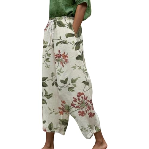TIAFORD Womens Summer Boho Floral Print Drawstring Crop Pants Elastic Waist Casual Loose Beach Capris Trousers with Pockets