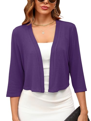 Skrfez Women's 3/4 Sleeve Thin Shrugs for Dresses Purple 2X-Large Open Front Knit Lightweight Coat Cropped Tops Shawls and Wraps Cardigan Dressy Clothes for Summer Spring Autumn