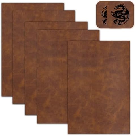 5 Pack Laserable Leatherette Sheet Faux Leather Laser Engraving Leather Blank Hat Patches with Heat Press Adhesive for Laser Engraving DIY Hat Cap Beanie UV Printing Craft Supplies (Chestnut Brown) Cover