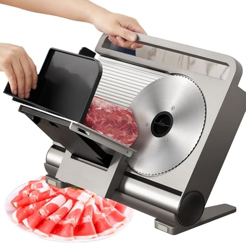 Cortador eléctrico de carne, cortador de comida y delicatessen con hoja de acero inoxidable extraíble de 7.5 pulgadas, grosor ajustable de 0 a 15 mm, incluye empujador y patas antideslizantes