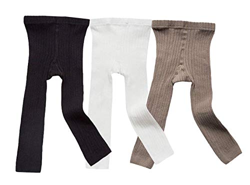 Goodplayer 3 Pack Girls Toddler Baby Basic Ribbed Sweater and Leggings Footless Tights Kids Little Girls Dress Bottom Top Pants, Black White Gray, 0-12 Months