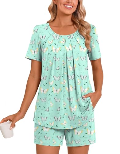 Anymeet Conjunto de pijama de verano para mujer, de manga corta, suave, casual, de 2 piezas, con bolsillos, Mariposa verde y colorida, Large