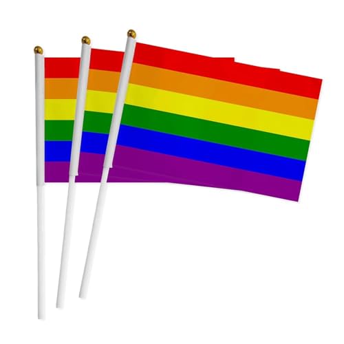 10 Pack LGBT Rainbow Pride Hand Waving Flags on Sticks - 14x21cm Mini Handheld Flag for Indoor and Outdoor Events, Party, Parades