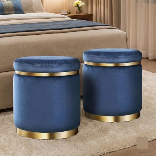 Image of Decorative Ottoman Pouffes for Sitting - Two-Piece Set of Puffy Stools and Footstools - Round Ottoman Stool for Living Room Furniture (Blue)