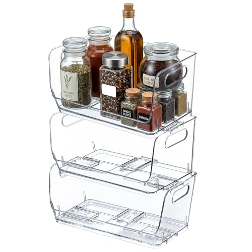 Basicwise Set of 3 Open-Front 12-Inch Clear Storage Bins with Easy-Grip Handles Stackable Transparent Plastic Organizer Container for Pantry Cabinet Refrigerator Drawers Closets and Shelves, Large