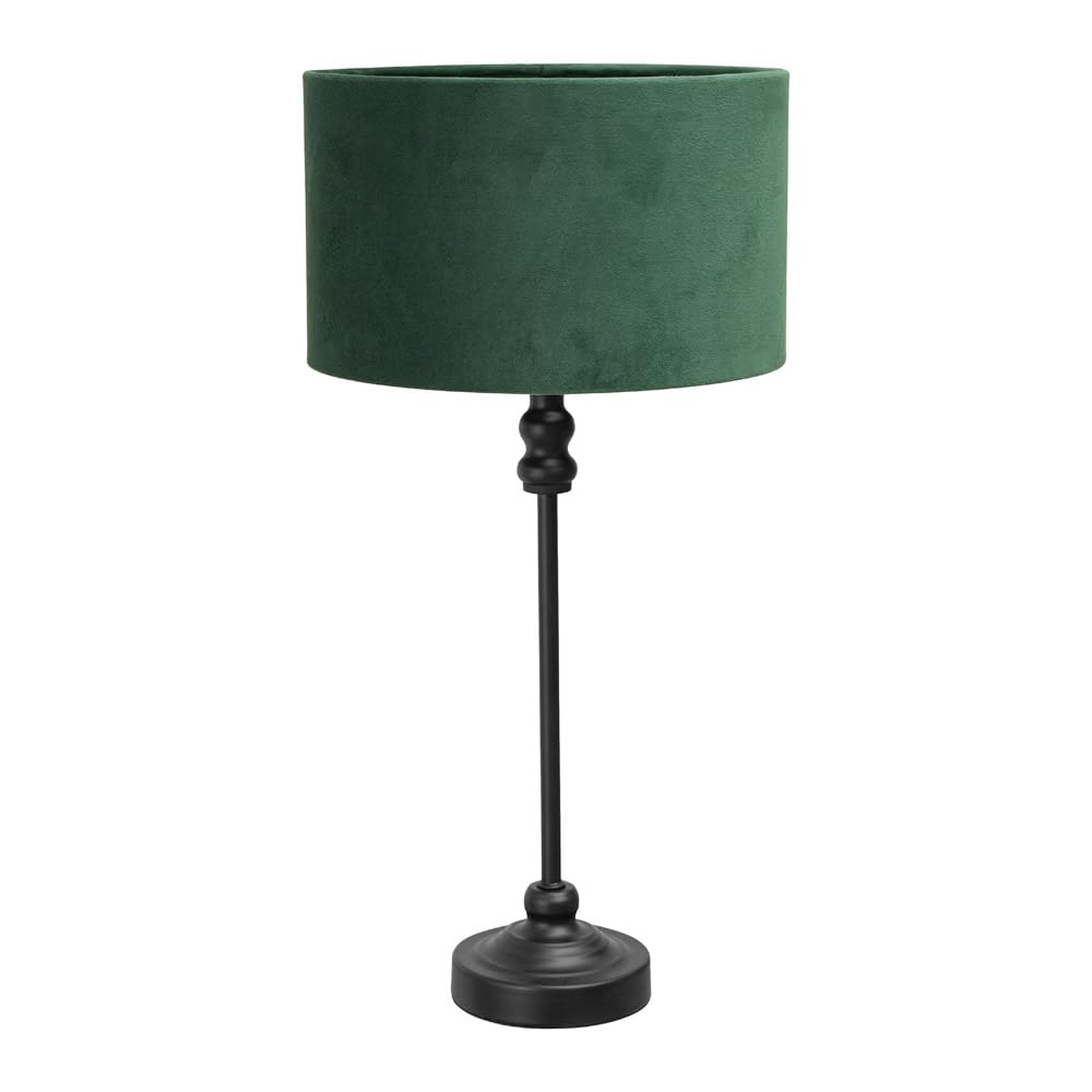 ValueLights | Black Metal Candlestick Table Lamp with Forest Green Velvet Drum Shade Bedside Light | Table Lamps, Home Décor & Improvement Essential | Included LED Bulb