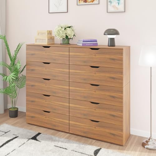Image of VIKI Dresser | Chest of Drawer Unit,Sovana Chest of 10 Drawers,Clothes Storage, Organizer Unit for Bedroom, Hallway, Easy Pull Drawers, (Brussel Walnut -44D x 160W x 132H) | 1 Year Warranty