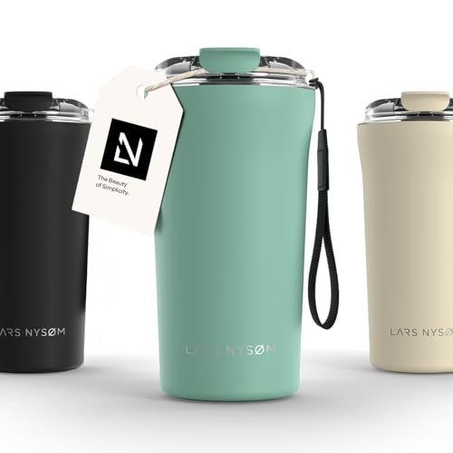 Image of LARS NYSOM Thermo Coffee Mug to go with Strap 17oz | Travel Mug 0.5 Liter with Insulation | Leak Proof Stainless Steel Thermal Tumbler for Coffee and Tea to Go (Aqua Turquoise, 17 oz)
