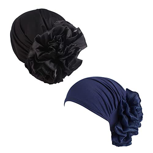 beauty YFJH Women Flower Elastic Turban Beanie Head Scarf wrap Chemo Cap hat for Cancer Patient (Black Navy)