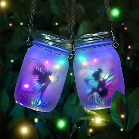 MLOQI Fairy Garden Ornaments Outdoor 2 Pack Solar Fairy Lights Glass Mason Jar LED Hanging Lamp for Fairy Garden Accessories Halloween Decorations Christmas Xmas Gifts for Kid Adult(Multicolor Cover